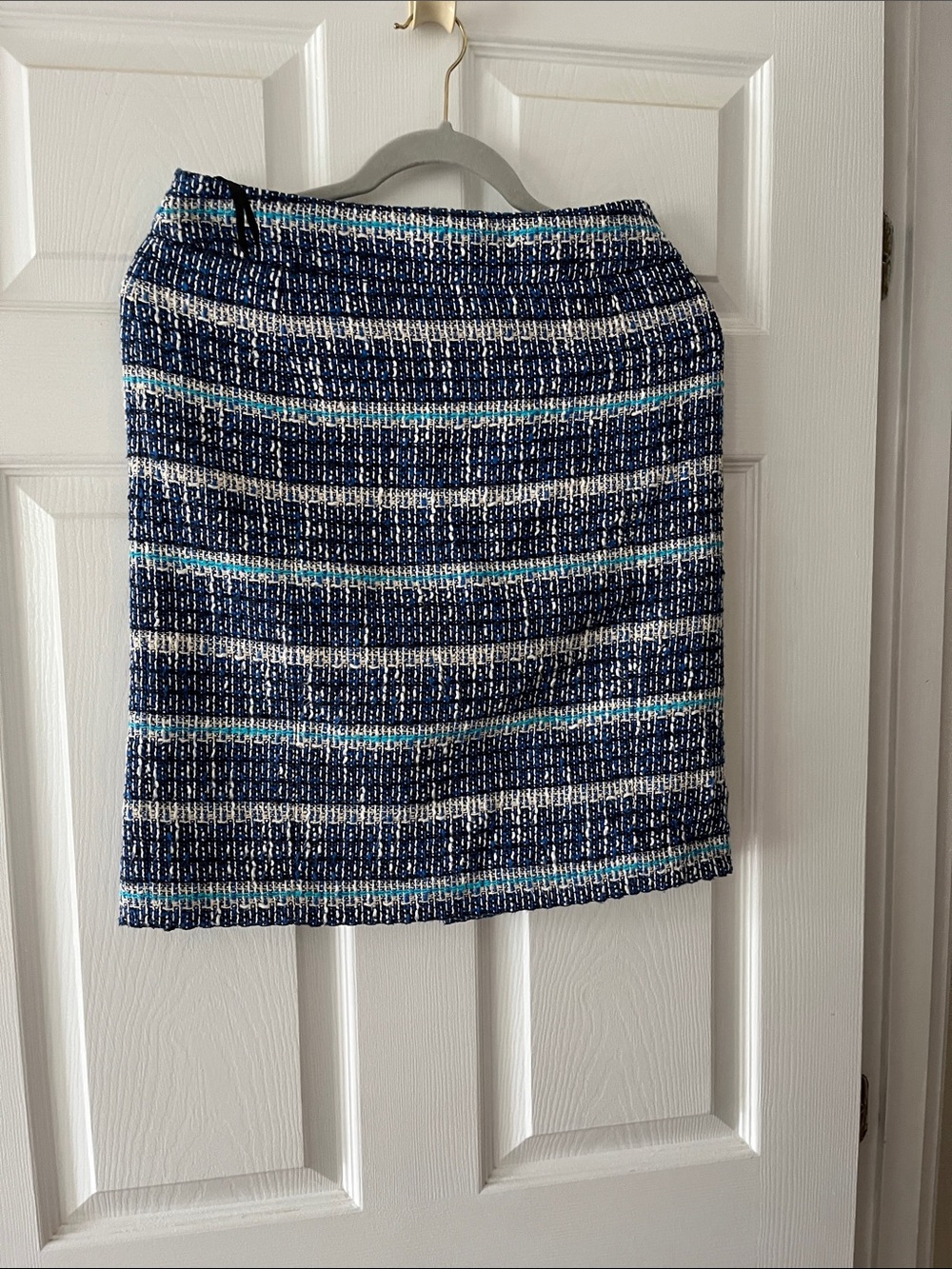 Tory Burch Navy, White and Aqua Striped Tweed Pencil Skirt
